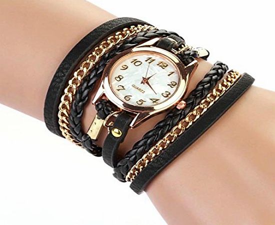 atdoshop (TM) 1PC Ladies Elegant Leather Strap Braided Wristwatch winding Rivet Bracelet Watches Black