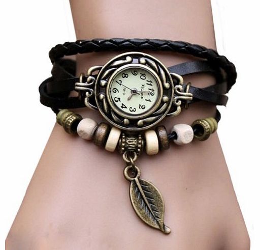 (TM) 1PC Womens Bracelet Vintage Weave Wrap Quartz Leather Leaf Beads Wrist Watches (Black)