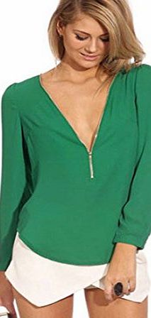atdoshop (TM) Fashion Sexy Women V-neck Zipper Long-sleeved Chiffon Blouse Shirt Tops (L, Green)