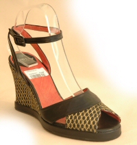 black and gold fabric leather wedge