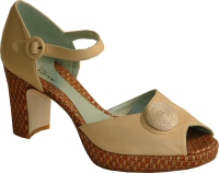 tan leather shoe with fabric heel and plat