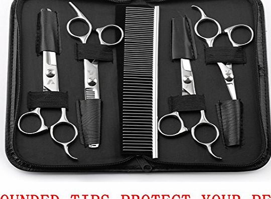 Augymer 5 PCS Rounded Tips Pet Grooming Scissors Kit, Curved Pet Grooming Shears For Cats Dogs Stainless Steel Scissor For Body Face Ear Nose Paw