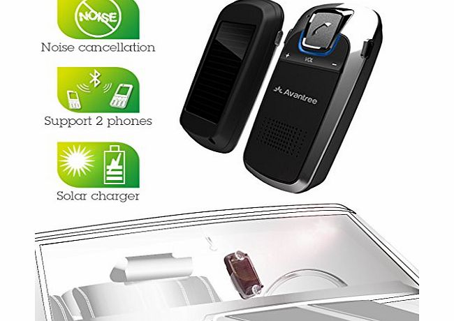 Avantree Sunday Solar Powered Bluetooth Handsfree Speakerphone Car Kit support connects two mobile phone simu