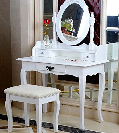 AVC Designs Elegant White Dressing Table, Oval Mirror amp; Stool Set (3 Drawer) Bedroom Dresser Makeup Desk Vanity Table