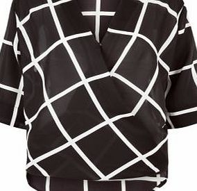 Black Grid Check Wrap Front Blouse
