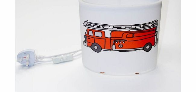 Ayisha artistic oval (8 inch wide, 8 inch high) table lamp / bedside lamp with a colourful fun drawing of a fire engine