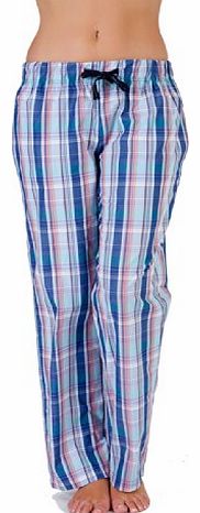 Ladies Cotton Blend Retro Long Lounge Pyjama Pants Sleepwear NightWear Gift Idea Check Design Blue Size 18