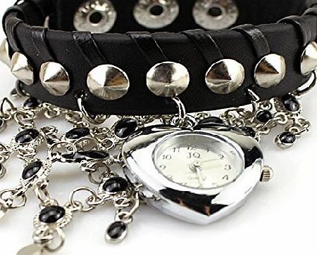 BAAKYEEK  Womens Charm luxury Casual Rivets Beads PU Leather Heart-shaped Bracelet Watch