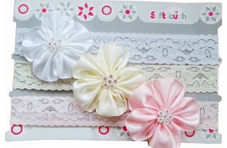 Baby Best Buys Baby Girls Set of 3 Lacey Headbands Gift Set Satin Flowers with Diamantes - Very Cute!