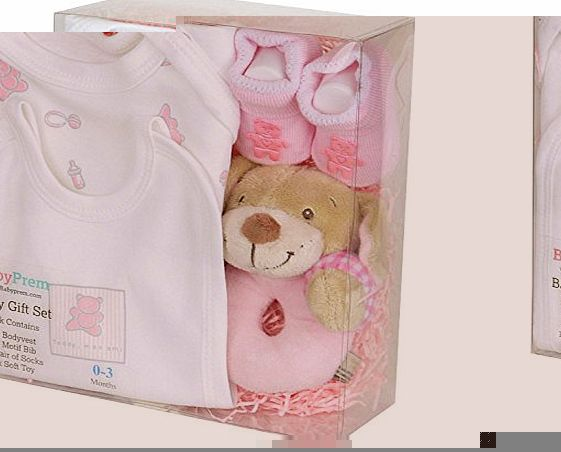  Baby Shower Gift Box Set 0 - 3 Months - Bodysuit, Bib, Toy, Socks in Gift Box - Pink