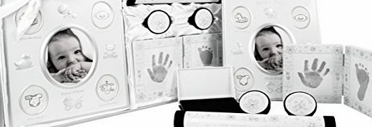 New Baby Unisex Boy Girl Gift 5 Piece Keepsake Set, First Photo Frame, Curl and Tooth Box, Handprint Footprint Prints Kit, Silver White