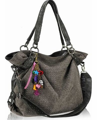 New Large Womens Designer Diamante Shoulder Bag & Charm Handbag Black Blue Grey (Grey)