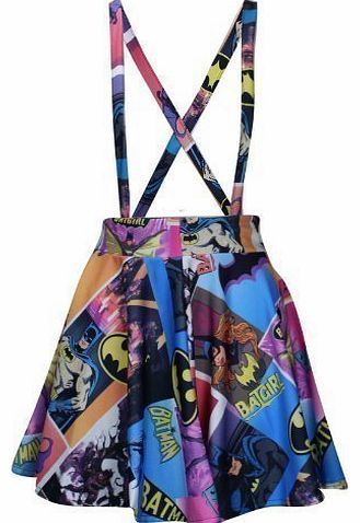 Womens Ladies Superman Batman Batgirl Comic Book Graffiti Print Dungaree Party Skirt (M/L-UK(12-14), Batgirl Fuschia)