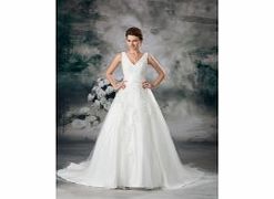 Ball Gown V-neck Beading Sweep Train Lace Satin