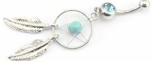 BAQI  14G 7/16 Inch Crystal Gem Dream Catcher Belly Navel Barbell Bar Ring Body Jewelry Piercing Blue