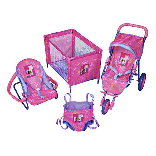 Barbie 3 Wheel Baby Dolls Travel Set - Pushchair- Cot Bouncer Chair and Papoose
