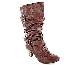 Stylish Ruched Leather Effect High Leg Boot with Buckle Detail