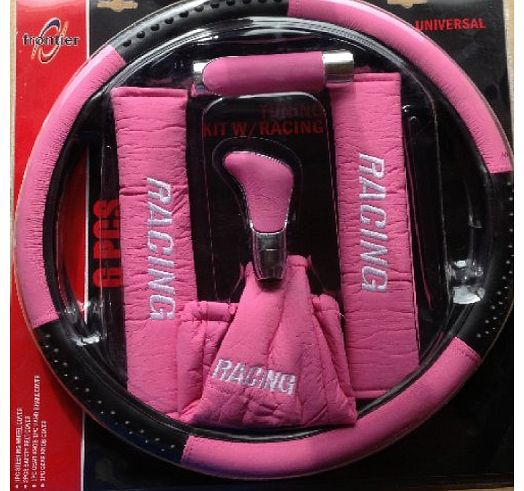 BB Direct Pink Car Leather Look Set Steering Wheel Cover Gear Knob Handbrake Safety Belt Pads