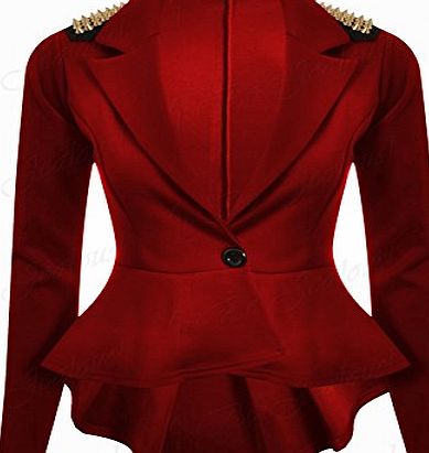 Be Jealous Womens Casual Peplum One Button Plain Spikes Ladies Frill Jacket Coat Blazer Top Plus Size UK 16 RedSpike - Party Club Formal Work Outerwear