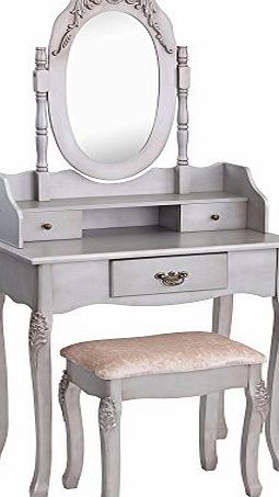 Beautify Vintage-Style Silver Dressing Table, Mirror amp; Stool Vanity Set with 3 Drawers