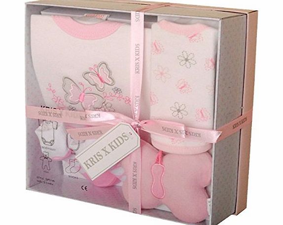 Bee Bo Newborn Baby Gift Set with Bodysuit, Bib, Toy, Socks in a Gift Box. 0 - 3 Months. (Pink)