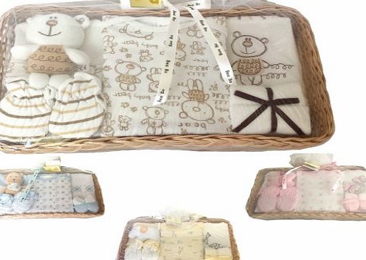 Bee Bo Newborn Bee Bo Baby Gift Set with Bodysuit, Bib, Booties, Hat, Toy 2 Washcloths in a Rattan Basket. 0 - 3 Months. Available in Blue, Pink, Cream, Lemon. (Blue)