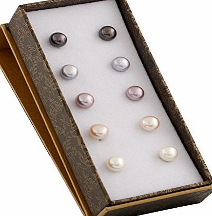 Bella Pearls 7 mm Multi-Coloured Freshwater Pearl Sterling Silver Stud Earrings - Set of 5 Pairs
