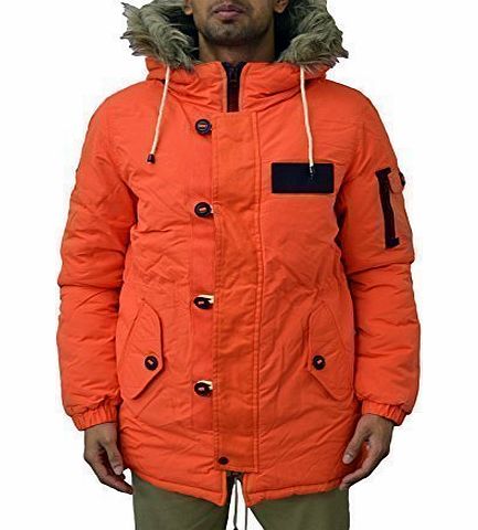 Bellfield Mens Designer Bellfield Padded Warm Winter Parka Jacket Hooded With Fur Orange Totto Fish Tail Coat Small