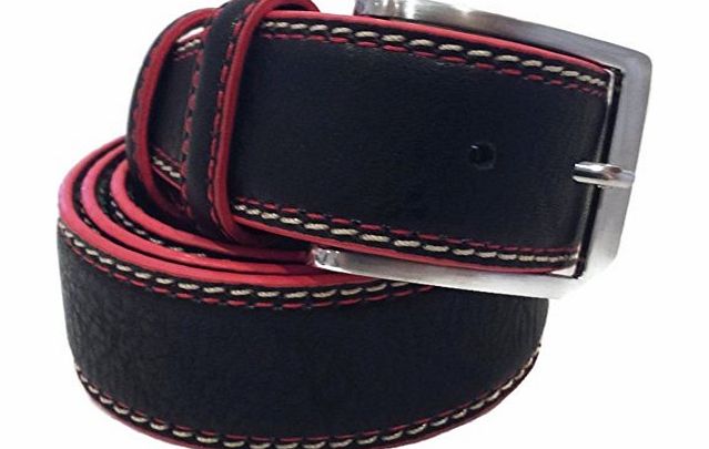 Belts4me Two Tone Black Leather 1.5`` Jeans Belt with Red Edging (Small 30-32)