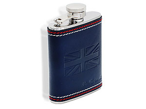 Union Jack Blue Leather Captive Top Hip Flask 013004