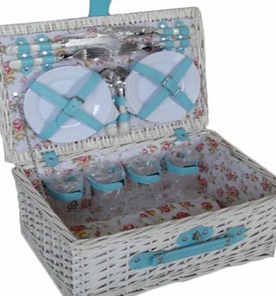 Bentley Explorer 4 PERSON WHITE SHABBY CHIC WILLOW WICKER PICNIC BASKET HAMPER SET FLORAL LINING
