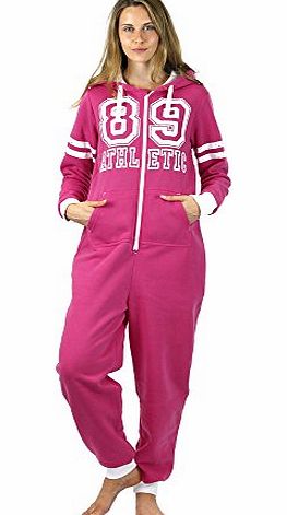 Womens Ladies Printed Onesie Hooded Jumpsuit Fleece All in One Piece Pyjamas (L/XL, Polo Pink)
