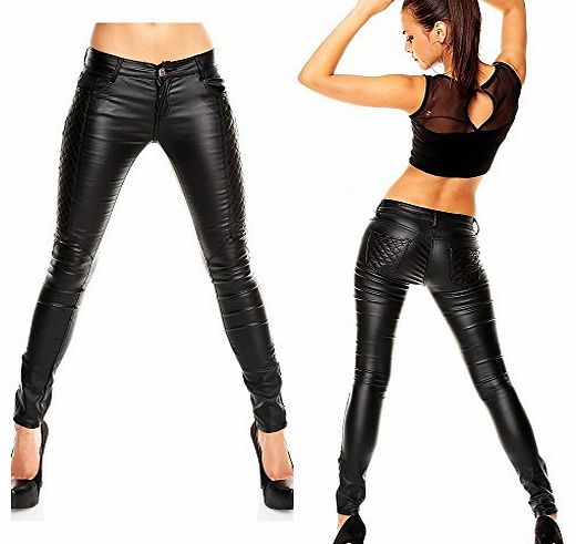 Sexy Womens Skinny stretch Black wet Leather look Goth Style Jeans Trousers Sizes UK 4 -12 - waists 25`` -32 `` Inches (Tag XL fits waist 31-32 inches ( 78.5-81 cm))