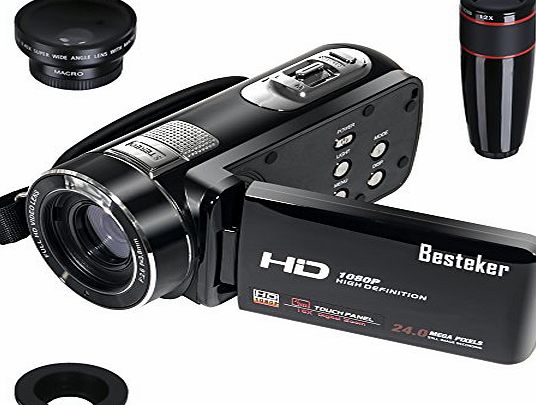 Besteker HDMI 1080p 24.0 Megapixels16X Digital Zoom Video Camcorder DV 3.0 TFT LCD Rotation Touch Screen Video Recorder with Remote Control and Face Detection Function   12x Teleconverter amp; Wide A