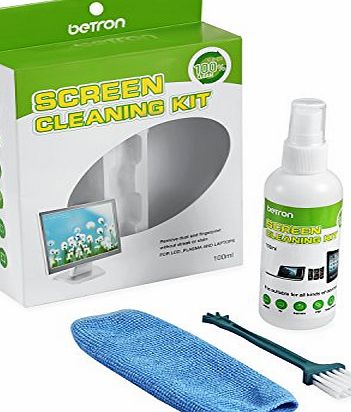Betron Screen Cleaner 100ml Cleaning Brush and Fine Microfibre Towel for LCD, LED, TFT, HD TVs, Plasma,Laptops, touchscreen, smartphones, TV Screens, Tablets, Keyboards, E-readers and more