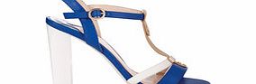 Betsy White and blue high heel T-bar sandals