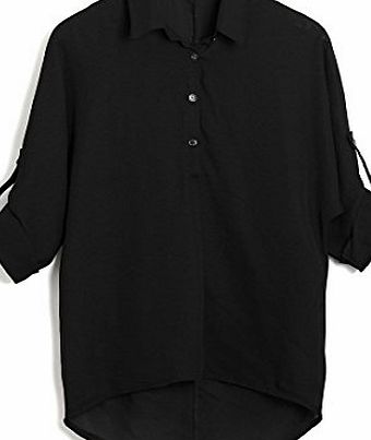 BetterMore Fashion Womens Loose Chiffon Blouse Lapel Collar Shirt Long Batwing Sleeve Top Black 4XL