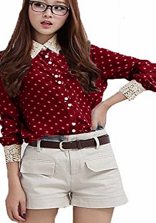 Women Ladies Chiffon Blouse Lace Polka Dots Button Lapel Long Sleeve OL Shirt Tops 5 Sizes Wine Red 8