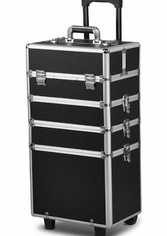 Beyondfashion 34cm x 25cm x 72cm Extra Large 4 in 1 Aluminum Rolling Hairdressing Makeup Case Salon Artist Cosmetic Organizer Makeup Trolley - Black