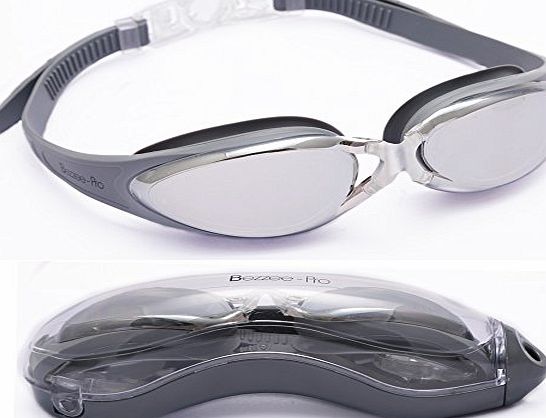 Bezzee-Pro Adult Swimming Goggles by Bezzee-Pro, Anti-Fog Mirror Lens with Leak Proof Eye Cups and Adjustable Straps, Aqua Swim Glasses, Best for Adult Men Women amp; Age 10 , With Quality Goggle Case (Silver)