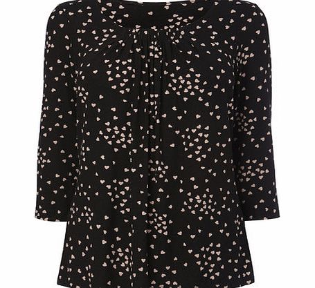 Bhs Black 3/4 Sleeve Heart Print Gathered Neck Top,
