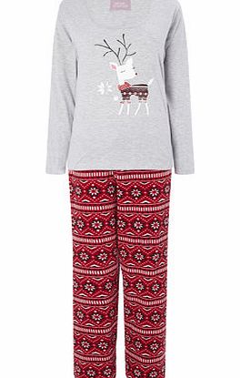 Grey Marl Reindeer Gifting Pyjama, grey marl