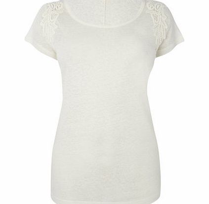 Ivory Short Sleeve Linen Crochet Shoulder Top,