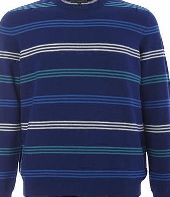 Bhs Mens Blue Cotton Striped Crew Neck Jumper, MID