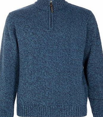 Bhs Mens Blue Twist Zip Neck Jumper, MID BLUE