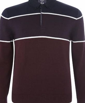 Bhs Mens Burgundy Twill Collar Block Stripe Rugby