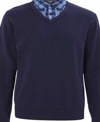 Bhs Mens Navy Checked Mock Shirt Jumper, NAVY