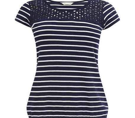 Bhs Navy/white Stripe Broderie Bubble Hem Top,