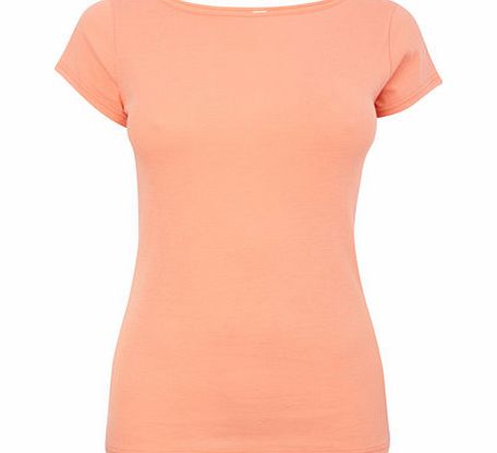 Bhs Peach Short Sleeve Slash Neck Top, peach