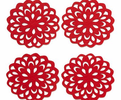 Set of four round red felt cutout coasters, red